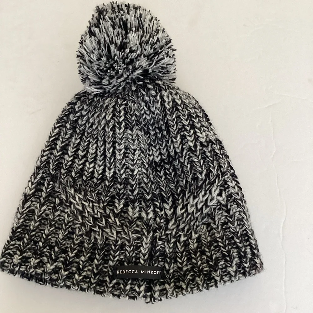 Rebecca Minkoff Cable Knit Beanie Hat Chunky Pom Pom Black Grey Cozy